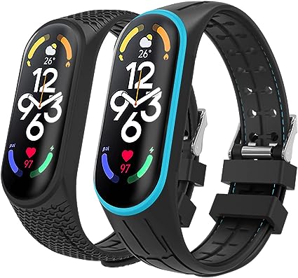 MoKo 2PACK Watch Bands Compatible with Mi Band 7 Fitness Tracker, Soft Silicone Adjustable Replacement Wristband Bracelet Sport Strap for Women Men, Blue   Black