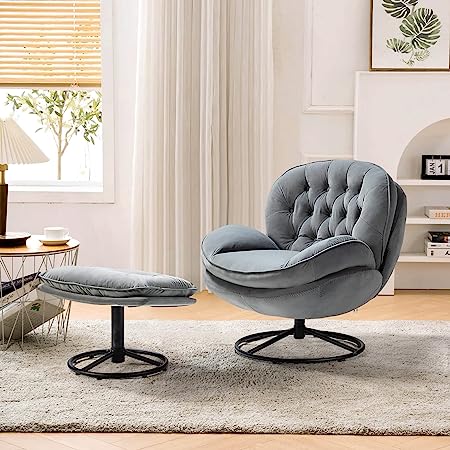 HULALA HOME Swivel Chair with Ottoman, Modern Accent Chair for Living Room, 360° Upholstered Tufted Lounge Chair Lazy Sofa with Round Metal Base & Curved Back, Bedroom Office Reading Chair (Grey)