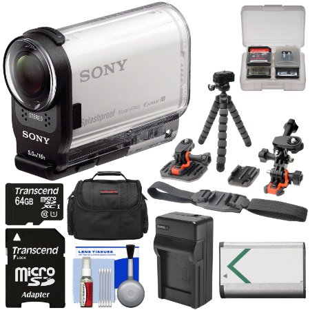 Sony Action Cam HDR-AS200V Wi-Fi HD Video Camera Camcorder with 64GB Card  2 Helmet and Flat Surface Mounts  Battery  Charger  Case  Tripod  Kit