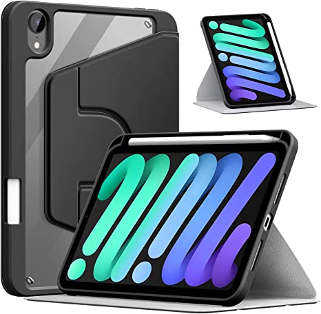 MoKo Rotating Case for iPad Mini 6 with Pencil Holder (6th Generation 8.3 inch 2021), Soft TPU 360 Rotatable Transparent Back Shell Smart Cover for iPad Mini 6 2021, Auto Wake/Sleep,Black