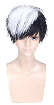 OYSRONG New Anime11.81'' Handsome Black Mixed White Short Straight Soft Touch Cosplay Lace Cap Wig For Men