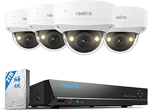 REOLINK 4K Surveillance & Security Camera System, 4pcs 4K UHD IK10 Vandalproof PoE Cams Wired Outdoor, 8CH NVR 2TB HDD, Color Night Vision, Smart Detection, 2-Way Audio, IP67 Weatherproof, RLK8-800V4