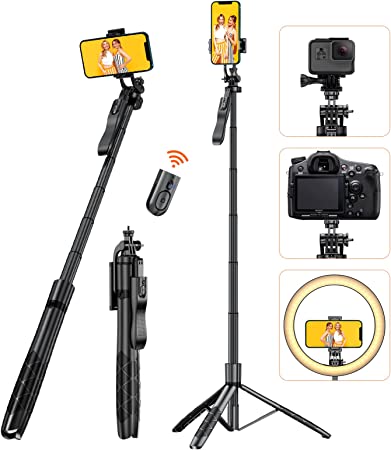 60'' Phone Tripod Selfie Stick Tripod with Remote, Tripod for iPhone & Portable Travel Tripod, Lightweight Selfie Stick Tripod Compatible with iPhone/Samsung/GoPro/Camera for Video Recording Vlog