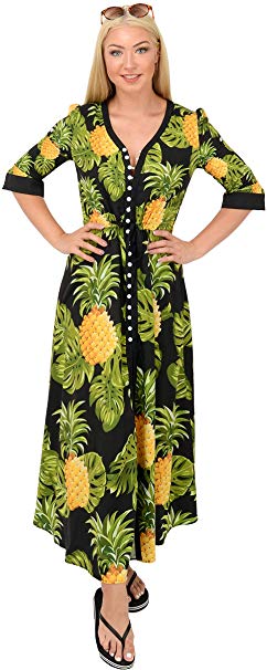 CowCow Womens Pineapple Summer Hawaii Floral Print Casual Boho Beach Waist Tie Boho Maxi Dress, XS-3XL