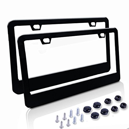Car License Plate Frame - Matte Stainless Steel License Plate Covers with Screws Fasteners & Screw Caps (2 Pack-Black)