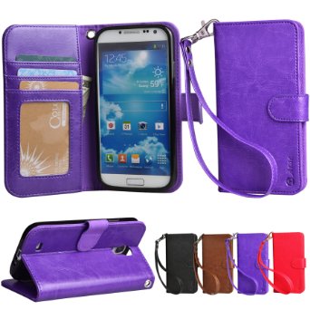 S4 Case Arae Samsung Galaxy S4 wallet case Wrist Strap Flip Folio Kickstand Feature PU leather wallet case with IDampCredit Card Pockets For Samsung Galaxy S4 I9500 Purple