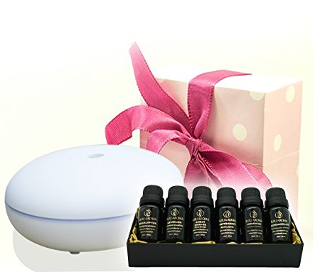Aromatherapy Diffuser with Essential Oil Gift Set – Bundle with Smiley Daisy Best Ultrasonic Diffuser and 100% Pure Essential Oils – For Moms Dads and Kids (Hibiscus White w/ JuJu Aroma Gift Set)