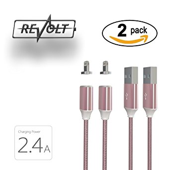Original Magnetic Lightning Cable for Apple iPhone 7 & iPad / 2.4A Fast Charge & Sync - [2017 NEW VERSION] - Nylon braided, 3.3ft, Premium Quality Cord by ReVOLT (Rose Gold (2-Pack))