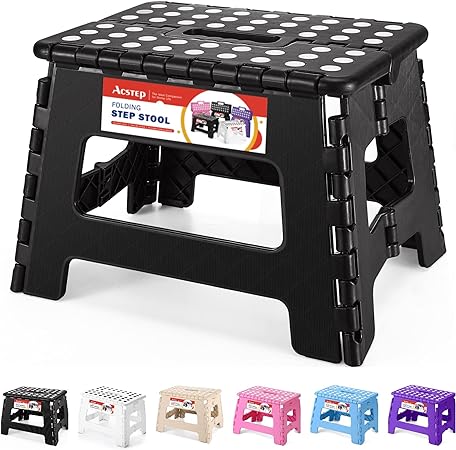 ACSTEP Folding Step Stool 9'' Tall Kids Step Stool Holds Up to 300 lb Plastic Foldable Step Stools for Kids Non-Slip Surface with Carry Handle Collapsible Stool for Home, Outdoor and Indoor(Black)