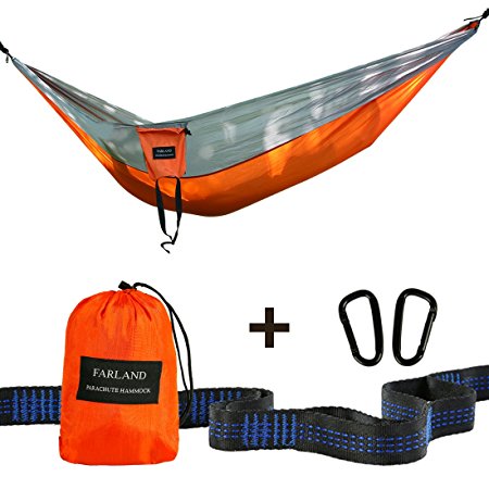Outdoor Camping Hammock - Portable Anti-fade Nylon Single/Double Hammock with 2 Piece 14 or 16 Loop Straps by FARLAND - Parachute Lightweight Hammock for Hiking Backpacking