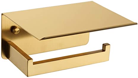 APLusee Toilet Paper Holder with Shelf Brushed Gold, SUS 304 Stainless Steel Modern Bathroom Accessories Tissue Roll Dispenser Storage