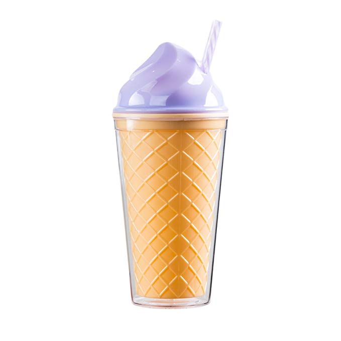 Bewaltz Ice Cream Double Wall To Go Cold Cup Tumbler with Straw BPA Free 16 oz. (Purple)