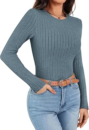 Ekouaer Womens Long Sleeve Ribbed Shirts Trendy Slim Fitted Tops Thermal Under Scrub Crew Neck Soft Fleece Basic Layer