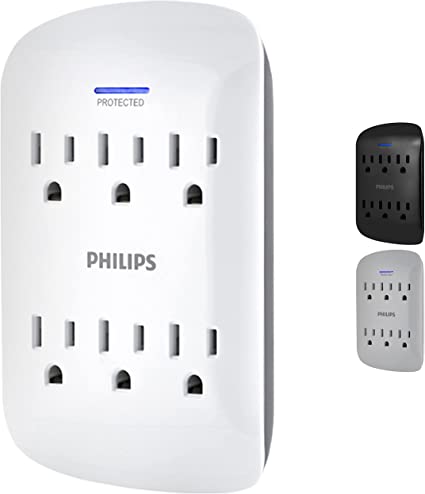 Philips 6-Outlet Surge Protector Tap, 900 Joules, Space Saving Design, Protection Indicator LED Light, Gray & White, SPP3461WA/37