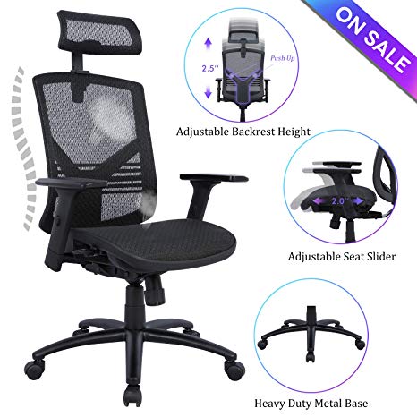 Statesville Ergonomic High Back Mesh Office Chair - Adjustable Backrest, Seat Slider, Arms and Headrest Desk Chair Computer Chair with Metal Base, Black