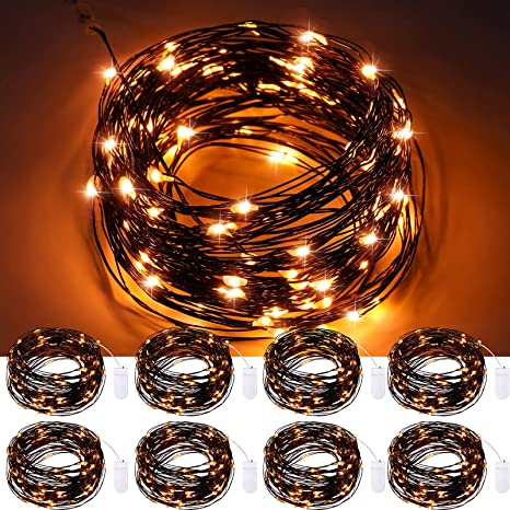 8 Pieces Orange Fairy String Lights 30 LED Fairy String Lights 10 Feet Black Copper Wire Battery Operated Micro String Lights for Christmas Halloween Wedding Home Indoor Outdoor Decoration