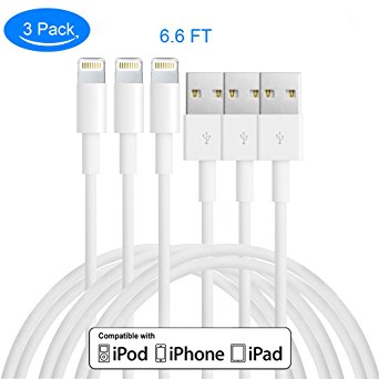 Apple Cable, Sunskey 8 Pin Lightning to USB Charging Cable,3-Packs 6.6FT/2M Date Transfer and Syncing Cable for IPhone 6s Plus/6s/6/6 Plus/5/5s ,IPad Mini,Mini2,IPad 5,IPod 7 (6.6FT 3 Packs-White)