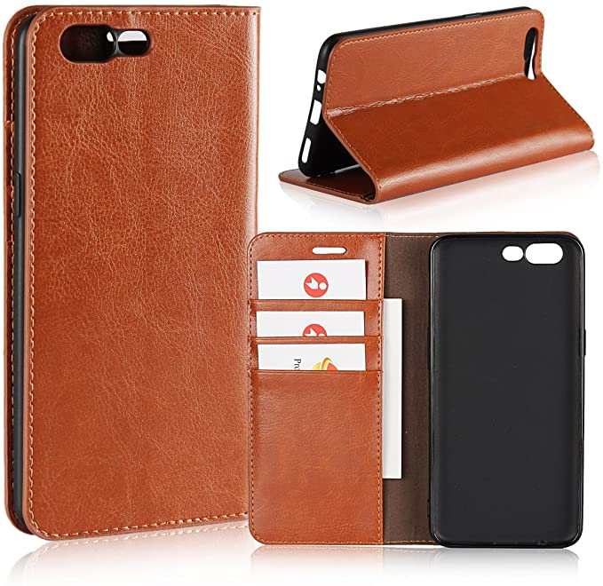 OnePlus 5/1 5 Case,iCoverCase Genuine Leather Wallet Case [Slim Fit] Folio Book Design with Stand and Card Slots Flip Case Cover for OnePlus 5/1 5 5.5 inch(Light Brown)