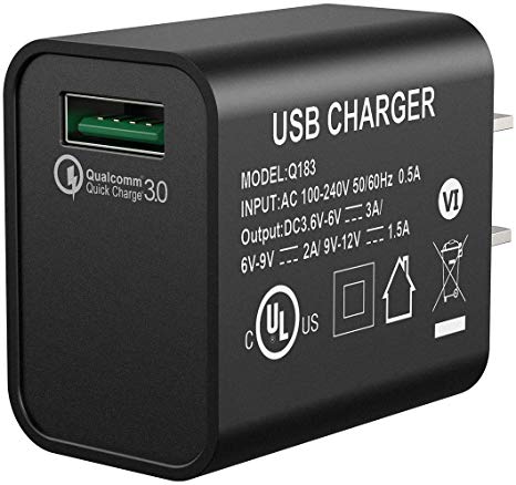 Quick Charge 3.0 Adapter, Seneo 18W Qucik USB Wall Charger for Wireless Charger, Charging Adapter for iPhone Xs Max/XS/XR/X/8/8P iPad, Galaxy S10/S9/S8/Note 9/8 and More-Black