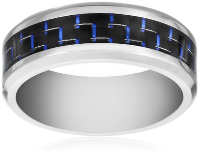 8MM Men's Titanium Ring Wedding Band with Black and Blue Carbon Fiber Inlay and Beveled Edges