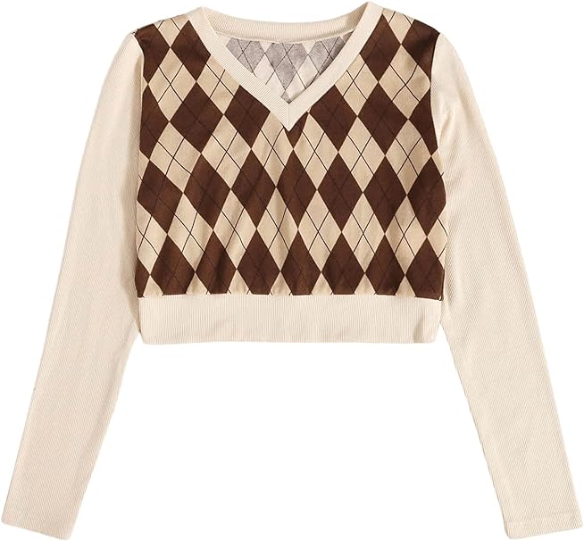 SweatyRocks Women's Long Sleeve Argyle Print Crop Top V Neck Ribbed Knit T-Shirt Apricot Brown XL