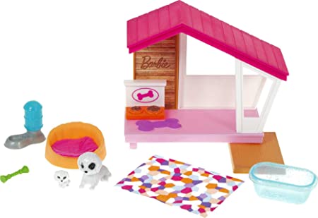 Barbie Mini Playset with 2 Pet Puppies, Doghouse and Pet Accessories, Gift for 3 to 7 Year Olds