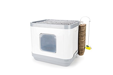 Covered Cat Litter Box - Removable Hooded Top Cover for Easy Cleaning - Stylish Modern White - Washable Cushion - Comfy Pet Bed - Cardboard Scratcher Post Toy - Scooper - Charcoal Filter