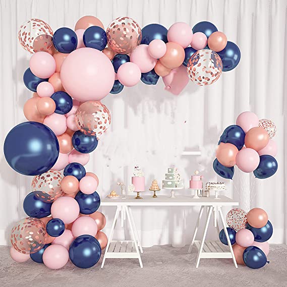 Gender Reveal Party Supplies Rose Gold Navy Blue Pink Balloons Garland Arch Kit, 16'' Foil Balloons 18''12''5'' Latex Confetti Balloons for Girl Boy Birthday Baby Shower Decorations Supplies