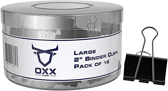 Oxx Brands Large Binder Clips 2 Inch -Paper Clamps for Office Supplies - Multipurpose Super Strong Capacity - Ideal for Teachers, Notes, Sewing, Paperwork, Arts - Black (12 Pack)