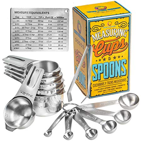 Wow Four Design Measuring Cups and Spoons Set of 6 Measuring Cups and 6 Measuring Spoons Bonus Measuring Magnetic Chart and a Fish Bone Tweezer 12 Piece Stackable Set Stainless Steel