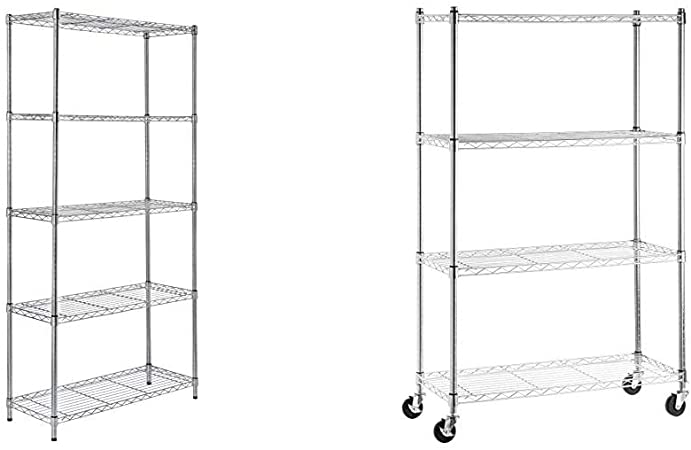 AmazonBasics 5-Shelf Adjustable, Shelving Unit Steel Wire Rack, Chrome (36L x 14W x 72H) & 4-Shelf Shelving Storage Unit on 3'' Wheel Casters, Metal Wire Rack, Chrome Silver (36L x 14W x 57.75H)