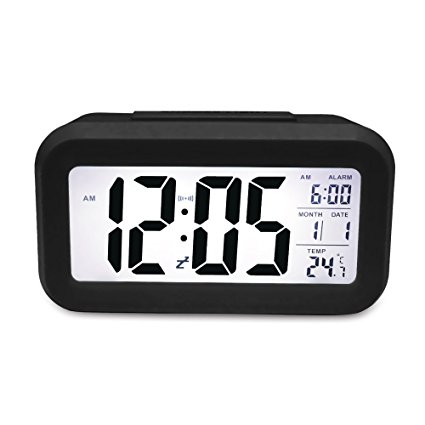 TOMTOO Alarm Clock Slim Digital Clock Large Display Travel Alarm Clock with Calendar & Large Display and Smart Night Light(white Backlight) Lcd Travel Alarm Clock and Home Alarm Clock (Black)