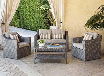 Solaura Outdoor Patio Furniture Set 4-Piece Conversation Set Grey Wicker Furniture Sofa Set with Neutral Beige Cushions & Sophisticated Glass Coffee Table