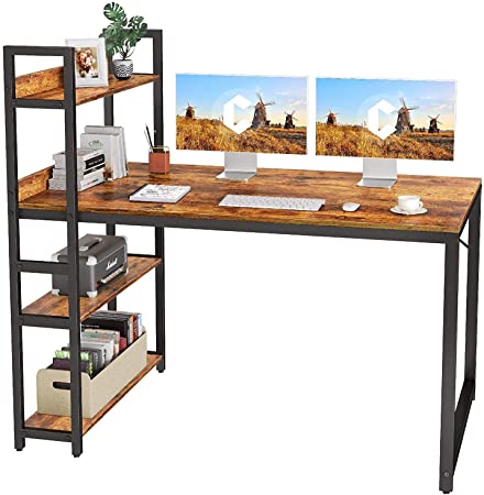 Cubicubi Computer Desk with 4 Tier Storage Shelves on Left or Right, 140 x 60 cm Study Writing Table with Bookshelf for Home Office, Modern Simple Style, Steel Frame, Rustic Brown
