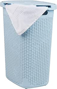 Mind Reader 60L Slim Laundry Hamper, Clothes Basket, Lid, Wicker Design, Plastic, 17.65"L x 13.75"W x 24.15"H, Baby Blue