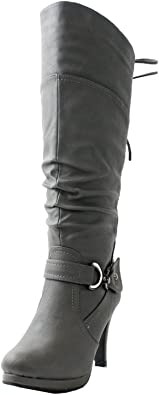 TOP Moda Womens Page-65 Knee High Round Toe Lace-Up Slouched High Heel Boots,Black,7.5