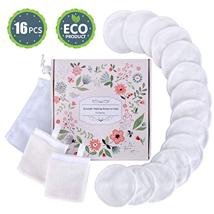 Reusable Makeup Remover Pads Set, ProCIV 16 Packs Organic Bamboo Cotton Rounds and Soft Silk Facial Cleansing Gloves with Laundry Bag - Wipe Eye Liqs Face Halo Makeup Clean