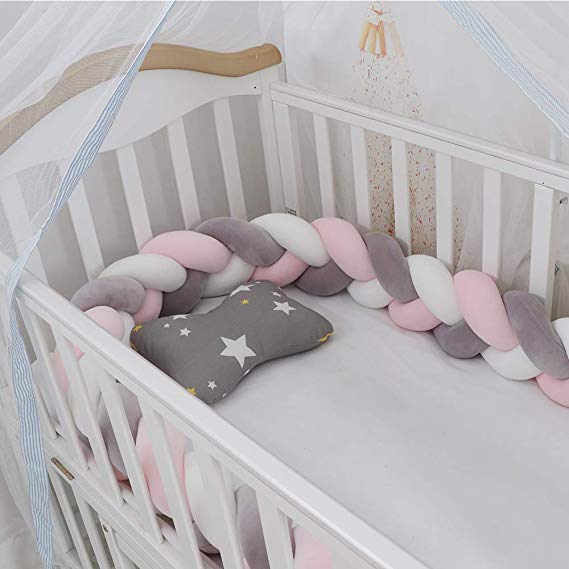 Lion Paw Crib Bumper Pillow Cushion 78.7in Crib Sides Protector Infant Cot Rails Newborn Gift Knotted Braided Plush Nursery Cradle Decor (White Gray Pink 78.7in)