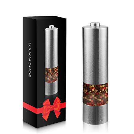Electric Salt and Pepper Grinder Set Dual Spice Stainless Steel Mill Automatic User Friendly Button Adjustable Coarseness LED Light & See-Through Design Battery Operated by LUUKMONDE(Pack of 1)