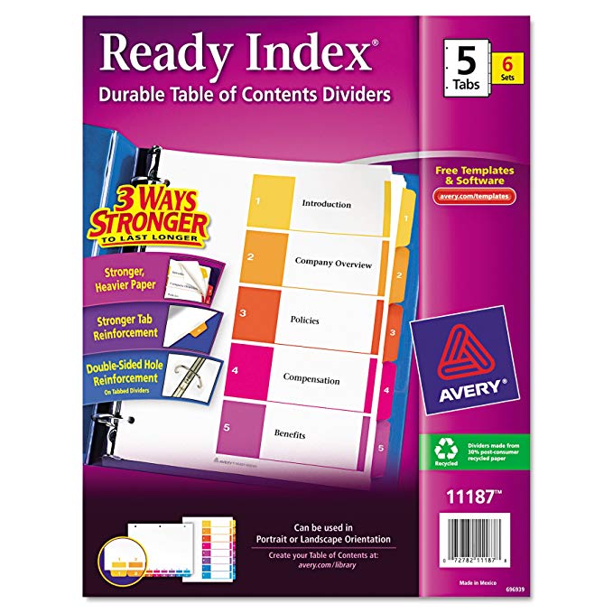 Avery Ready Index Table of Contents Dividers, 5-Tab, Multi-Color, 6 Sets (11187)