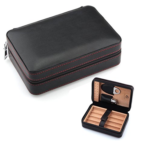 GALINER Genuine Black Soft Leather Travel Cigar Case Cedar Humidor Cutter Set