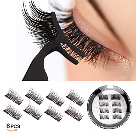 GleeBee Upgraded Magnetic Eyelashes Natural Look, 3D Silk Lashes,0.2mm Handmade Ultra Thin Magnet,Reusable False Eyelashes Soft and Comfortable (8 PC with Tweezers)