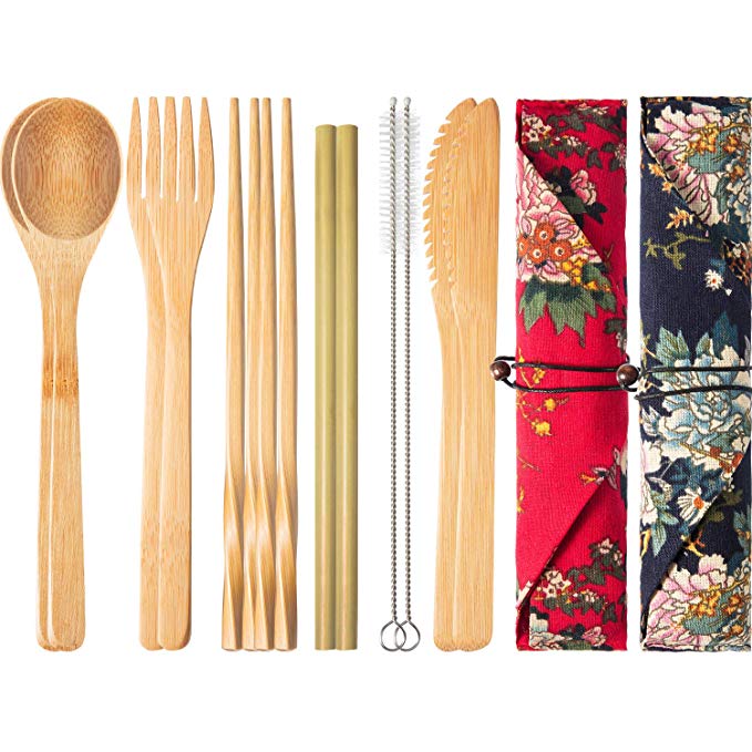 Boao 2 Sets of Reusable Bamboo Utensils Travel Cutlery Set with Case, Forks Knives Chopsticks Spoons Straws and Brushes, Camping Flatware Set (Pattern 3)