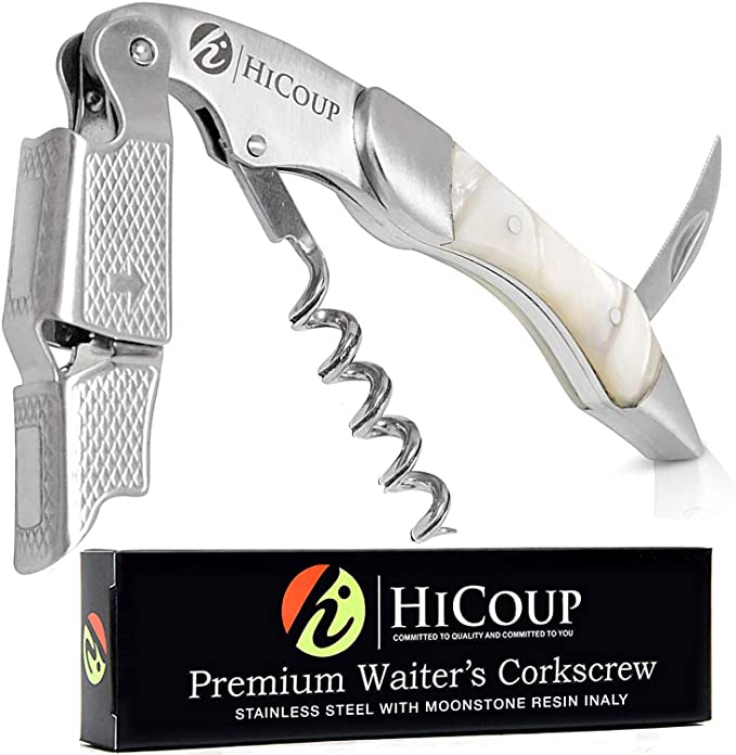 HiCoup Kitchenware Corkscrew Wine Opener - Kitchen Gadgets to Open Wine Bottle - Perfect for Bartenders & Waiters - Bottle Opener w/ Foil Cutter - Stainless Steel with Moonstone Resin