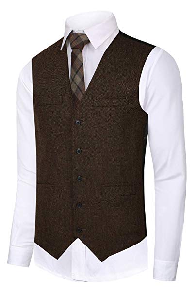 CMDC Men's Vest Slim fit Tweed Waistcoat V-Neck Herringbone Wool Plaid Suit Vest
