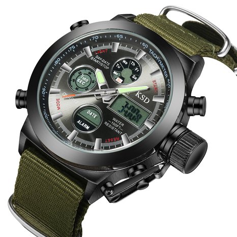 Men Quartz Analog Digital Military Wrist Watch Canvas Fabric Straps LED Sport Watches (Black Case)