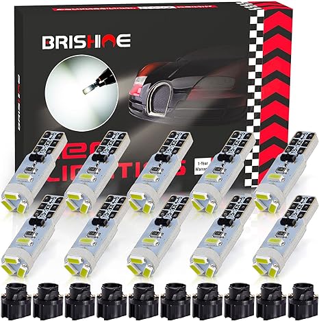 BRISHINE T5 37 74 2721 LED Bulbs Xenon White with Twist Lock Socket, Canbus Error Free PC74 PC37 882 Dashboard Instrument Panel Lights Gauge Cluster Dash Indicator AC LED Light Bulbs(Pack of 10)