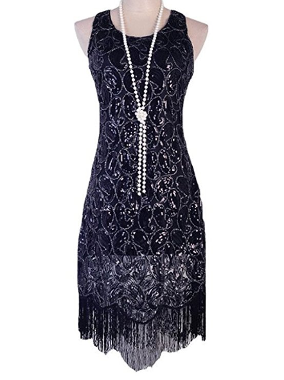 Vijiv Women's 1920s Gastby Sequined Embellished Fringed Paisley Flapper Dress