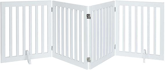 Unipaws Free Standing Walk Over Dog Gate, Extra Wide Safety Wood Pet Gate, Indoor Foldable Dog Gate, Doorway Pet Barrier, White, 20 inches Wide, 24 inches High, 4 Panels