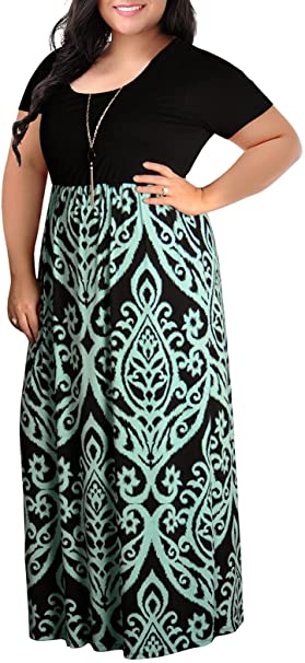 Nemidor Women's Chevron Print Summer Short Sleeve Plus Size Casual Maxi Dress